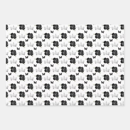 Feuille De Papier Cadeau Fleurs noires et Couronnes d'argent (Devant)