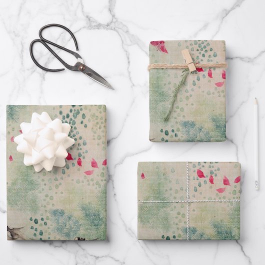 Feuille De Papier Cadeau Fleurs, oiseaux et poissons (Recto)