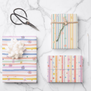 Feuille De Papier Cadeau Fleurs Pastel Rayures Fête de Fiançailles Baby Sho