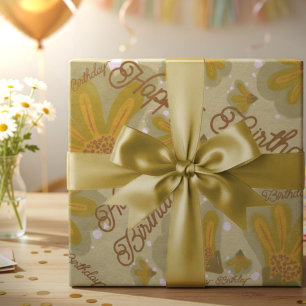 Feuille De Papier Cadeau Fleurs peintes à la main dorées
