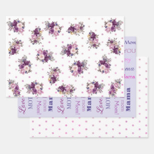 Feuille De Papier Cadeau Fleurs Pois violettes et art de la parole mère
