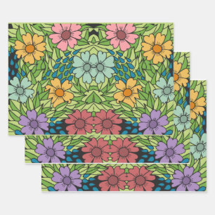 Feuille De Papier Cadeau Fleurs rétro Grandes Échelles Multicolores