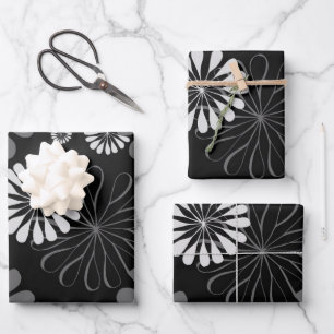 Feuille De Papier Cadeau Fleurs rétro noir et blanc