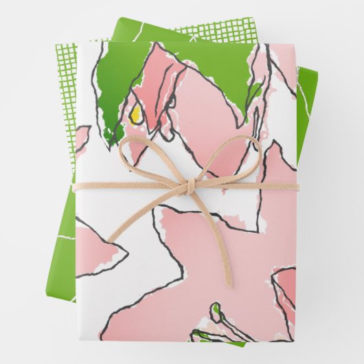 Feuille De Papier Cadeau Fleurs rose et verte (En situation)