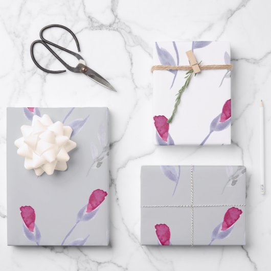 Feuille De Papier Cadeau Fleurs rose gris Anniversaire (Recto)