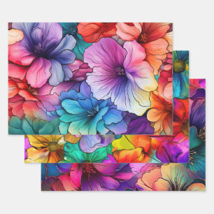 Feuille De Papier Cadeau Fleurs Rose Orange Violet Turquoise Encre Alcooliq