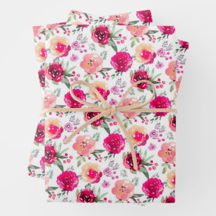 Feuille De Papier Cadeau Fleurs roses aquarelle 