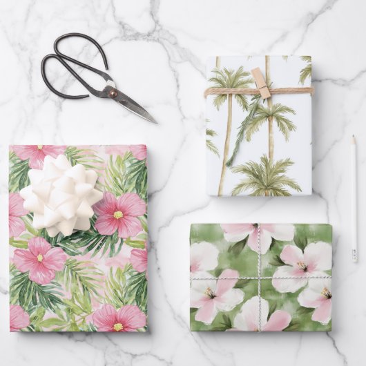 Feuille De Papier Cadeau Fleurs roses tropicales Palm Trees Mariage (Recto)