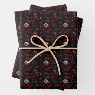 Feuille De Papier Cadeau Fleurs rouge foncé et ivoire sur fond noir