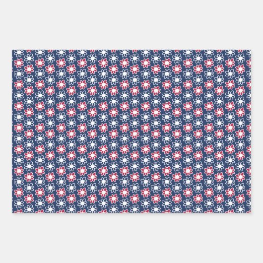Feuille De Papier Cadeau Fleurs rouges, blanches et bleues (Devant)