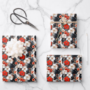Feuille De Papier Cadeau Fleurs rouges et blanches sur marbre