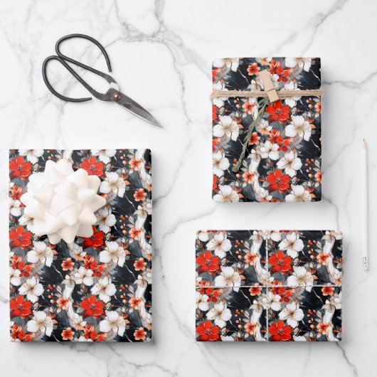 Feuille De Papier Cadeau Fleurs rouges et blanches sur marbre (Recto)