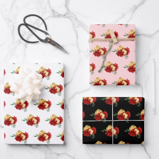 Feuille De Papier Cadeau Fleurs rouges et Motif vert (Recto)