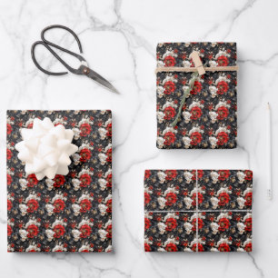 Feuille De Papier Cadeau Fleurs rouges, noires et blanches
