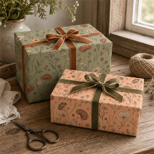 Feuille De Papier Cadeau Fleurs sauvages botaniques vert pêche et sauge