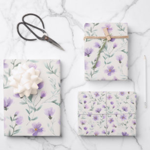 Feuille De Papier Cadeau Fleurs sauvages Cottagecore violettes - Lot de tro