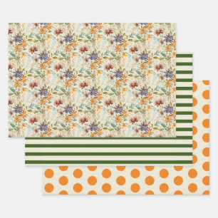 Feuille De Papier Cadeau Fleurs sauvages d'automne, rayures et points