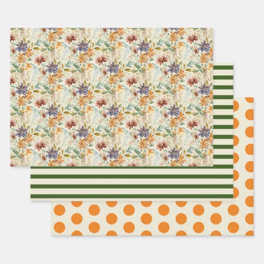 Feuille De Papier Cadeau Fleurs sauvages d'automne, rayures et points (Lot)