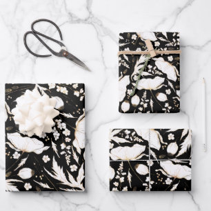 Feuille De Papier Cadeau Fleurs sauvages dorées dessinées à la main Modèle