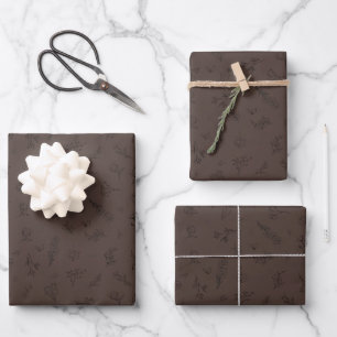 Feuille De Papier Cadeau Fleurs sauvages esquissées sur fond brun foncé