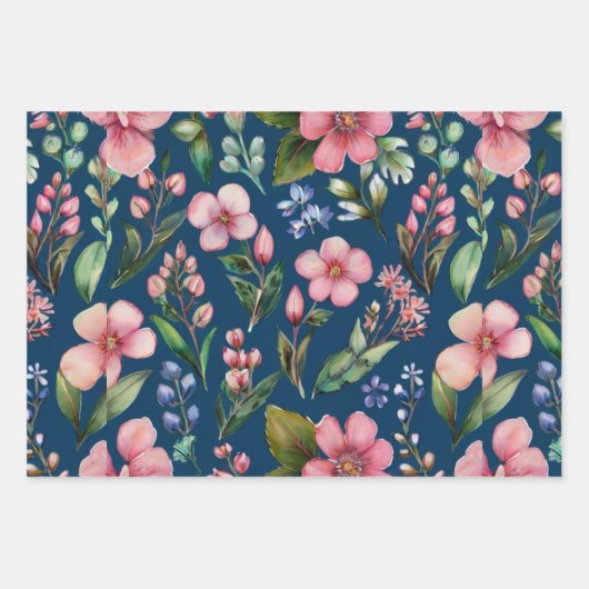 Feuille De Papier Cadeau Fleurs sauvages roses sur fond bleu (Devant 2)