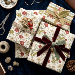 Feuille De Papier Cadeau Fleurs sauvages vertes et rouges vives Aquarelle T