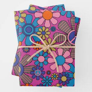 Feuille De Papier Cadeau Fleurs super Retro de la Paix 60s les années 70 Fl