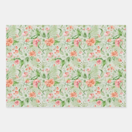 Feuille De Papier Cadeau Fleurs tropicales vertes et roses et fougères pour (Devant)