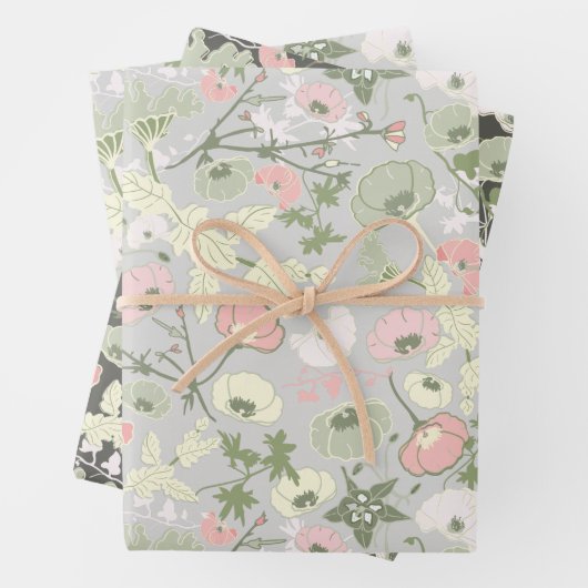 Feuille De Papier Cadeau Fleurs vert rose Motif botanique (En situation)