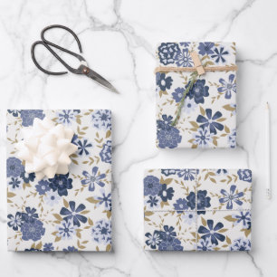 Feuille De Papier Cadeau Fleurs Vin Bleu Botanique Motif Cadeau