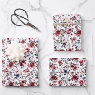Feuille De Papier Cadeau Fleurs Vintage Rouge Bleu Mariage Shower de Mariée