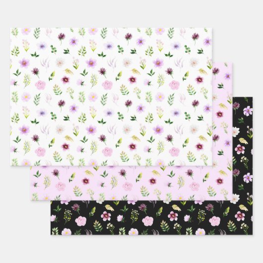 Feuille De Papier Cadeau Fleurs violettes et Motif de feuillage (Lot)