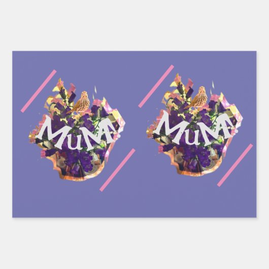 Feuille De Papier Cadeau Fleurs violettes et oiseaux (Devant)