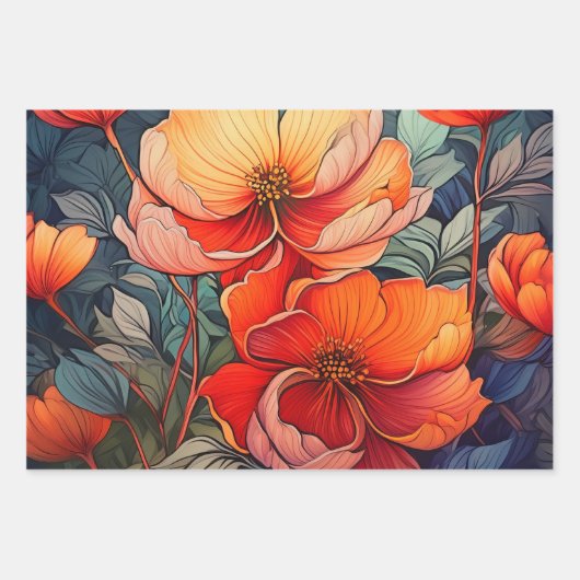 Feuille De Papier Cadeau Fleurs vives orange et rouge (Devant)