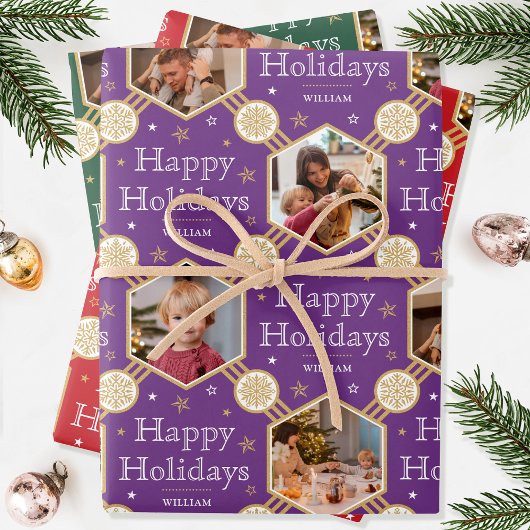 Feuille De Papier Cadeau Flocon de neige de Noël Photo violet rouge vert 3