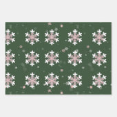 Feuille De Papier Cadeau Flocons blancs roses verts (Devant)