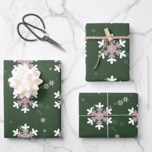 Feuille De Papier Cadeau Flocons blancs roses verts