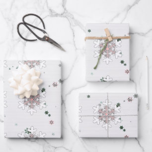 Feuille De Papier Cadeau Flocons de neige blancs roses rayures