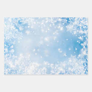 Feuille De Papier Cadeau Flocons de neige blancs sur fond bleu Hiver
