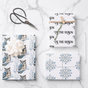 Feuille De Papier Cadeau Flocons de neige de l'hiver Hibou bleu Noël Neige