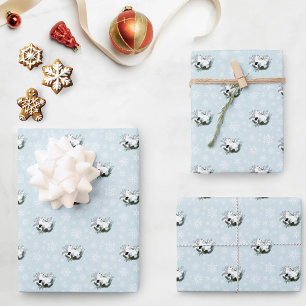 Feuille De Papier Cadeau Flocons de neige de Noël bleu Ermine blanche