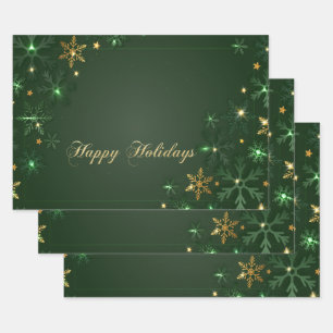Feuille De Papier Cadeau Flocons de neige élégants verts et or pour les fêt