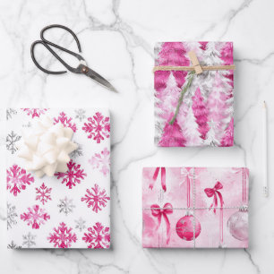 Feuille De Papier Cadeau Flocons de neige glamour argent rose Arbres de Noë