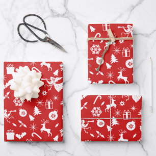 Feuille De Papier Cadeau Flocons de neige rouges blancs Renne Angles Noël