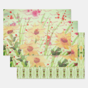 Feuille De Papier Cadeau Floral Avec Vert Et Crème