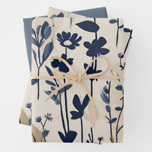 Feuille De Papier Cadeau Floral bleu Dusty de la marine moderne