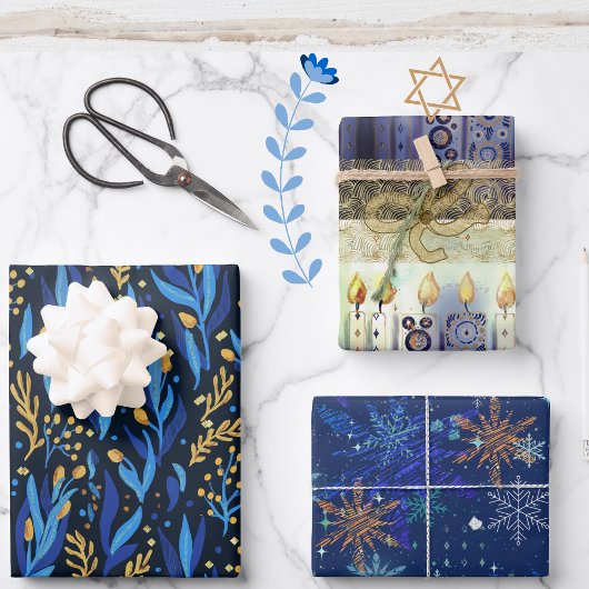 Feuille De Papier Cadeau Floral bleu, Étoiles, Motif Hanoukka clair