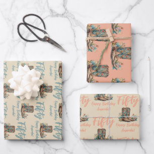 Feuille De Papier Cadeau Floral Boots Occidentaux Cinquantième anniversaire