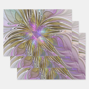 Feuille De Papier Cadeau Floral Coloré Abstrait Fractal Avec Rose & Or
