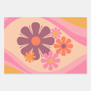 Feuille De Papier Cadeau Floral Daydream Fleur Rétro Motif rose orange
